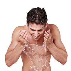 Man, water and washing face for skincare isolated on transparent, png background. Aesthetic male model person shirtless and splash for cosmetics, clean facial skin and hygiene for health and wellness