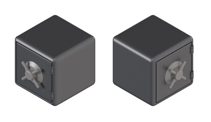 Set closed empty metallic bank safe isolated on white background. Collection objects isometric view. 3d realistic illustration.