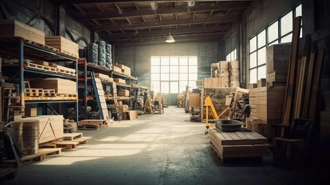 Stock photo of warehouse room with stuff tools equipment on the factory, without text - generative AI