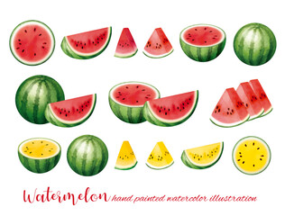 水彩手書きでのカットスイカのイラスト素材