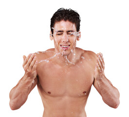 Fototapeta premium Water, washing face and skincare with a man isolated on transparent, png background. Aesthetic male model person shirtless for facial splash with dermatology, clean skin and hygiene for wellness