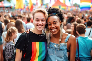 happy young women embracing holding LGBTQ flag. AI Generative