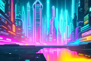 neon light abstract background, with towering holographic skyscrapers, neon-lit alleyways, and a dystopian cityscape bathed in neon hues