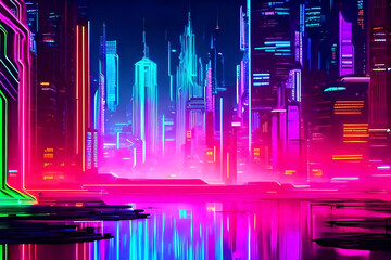 neon light abstract background, with towering holographic skyscrapers, neon-lit alleyways, and a dystopian cityscape bathed in neon hues