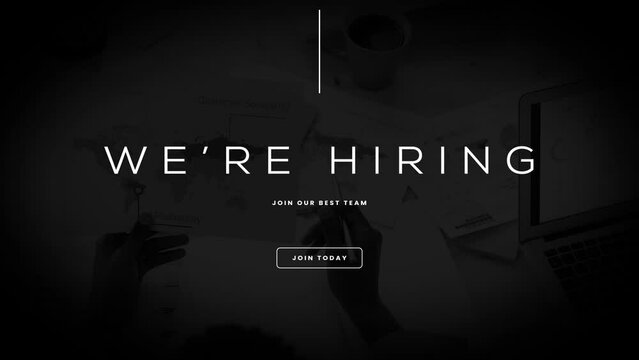 we are hiring, join our best team, join today - text animation with black background and image of team meeting