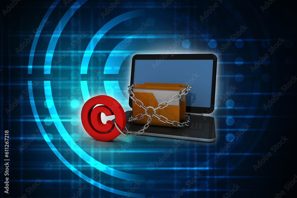 Poster 3d rendering folder connected to laptop sharing document with traffic cone near copyright