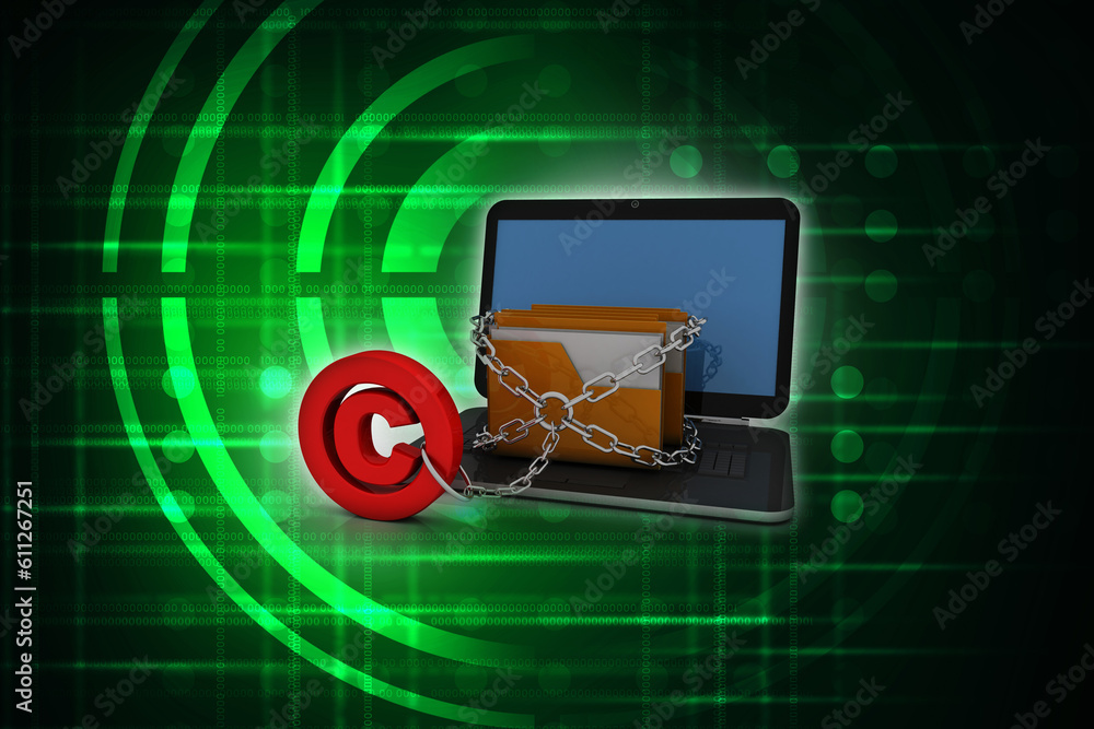 Poster 3d rendering folder connected to laptop sharing document with traffic cone near copyright