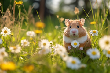 The hamster sits in the grass with daisies in the meadow. Selective focus. AI generated.