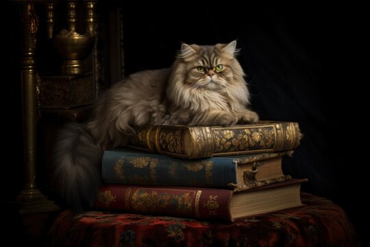 Furry persian cat lying on a stack of books. Portrait and illustration of large books and a cute and elegant fluffy cat in luxurious and artistic room, isolated on black background. Generative AI.
