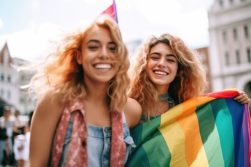 happy young women embracing holding LGBTQ flag. AI Generative