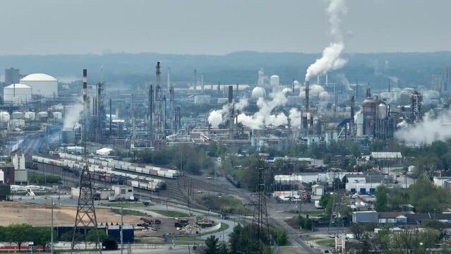Aerial establishing shot of Marcus Hook oil refinery outside of Philadelphia, Pennsylvania. Long zoom lens captures pollution from smokestacks.