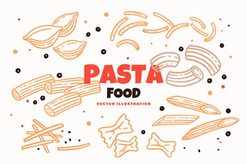 Naklejka premium Set of pasta in a linear style. Trofie, Penne, Rigatoni, Macaroni, Farfalle, Vermicelli. Design element for packaging, cookbook, grocery store.