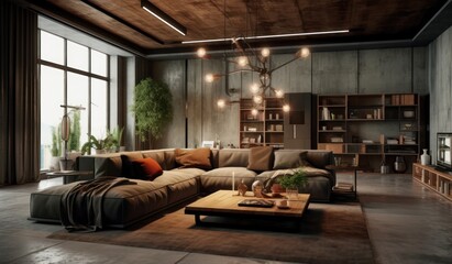Sophisticated Loft Apartment Living Room with Big City-View Windows and Urban Design, 3D Render.