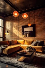 Wide Angle View of a Contemporary Loft Living Room, Showcasing Chic Furniture and High Ceilings.