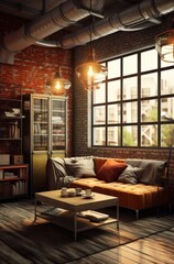 Wide Angle View of a Contemporary Loft Living Room, Showcasing Chic Furniture and High Ceilings.