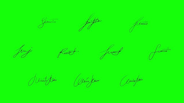 Indecipherable signature version one hand drawn ballpoint greenbox. Animation of not existing signatures on white background. Good for any video material or motion graphic explainer.