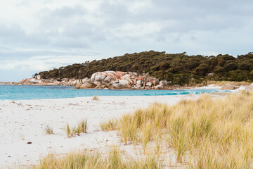 The beach Sloop Reef Camping and sloop rock lookout on Taylors beach via the Gardens Road, in Tasmania, North East Tasmania, Australia