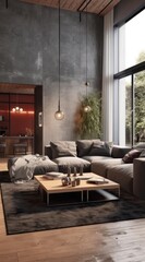 Modern interior of open space with design modular sofa, furniture, wooden coffee tables, plaid, pillows