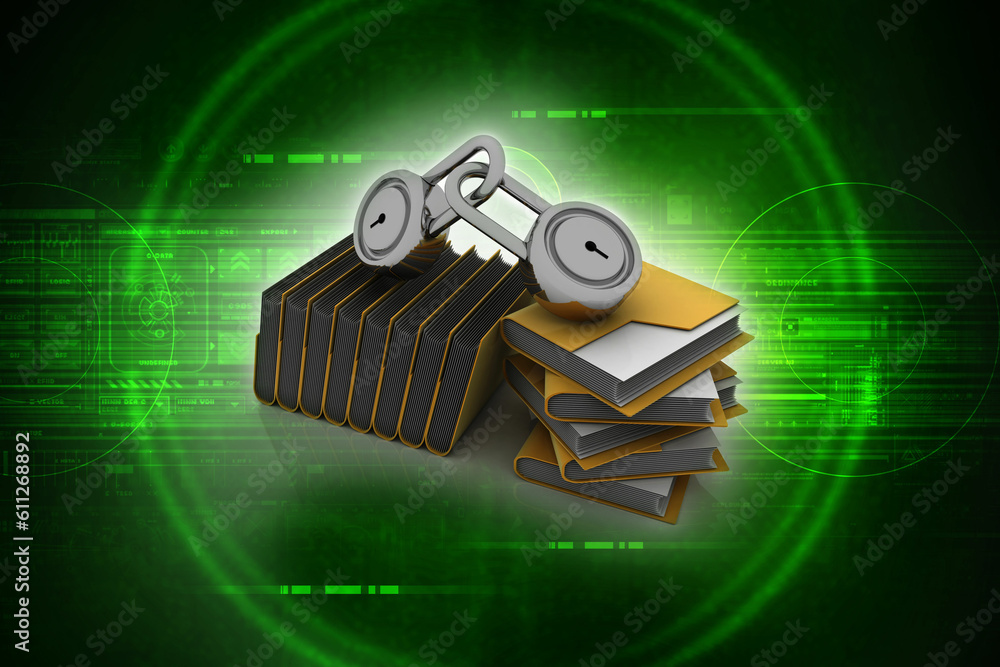 Poster 3d rendering yellow folder and lock. data security concept