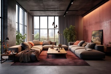 Wide Angle View of a Luxurious Couch in a Loft Living Room