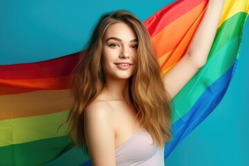 happy young woman holding LGBTQ flag over head. AI Generative