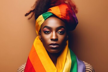 Fototapeta premium young african woman holding LGBTQ flag over head. AI Generative