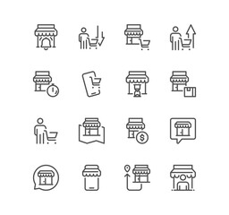 Set of shop management related icons, increase sales, supermarket, boutique, showroom building and linear variety symbols.