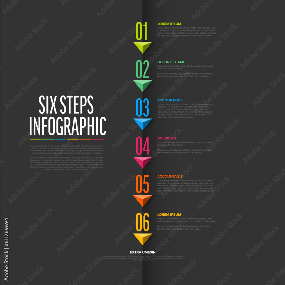 Poster vector dark six steps vertical progress template with big arrows and numbers