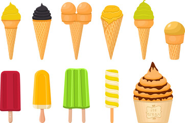 big kit ice cream popsicle different types in cone waffle cup