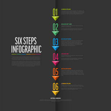 Vector dark six steps vertical progress template with big arrows and numbers