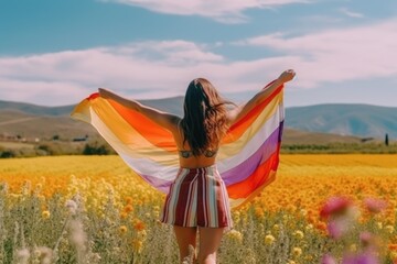 Fototapeta na wymiar rear view of woman holding LGBTQ flag walking through the meadow. AI Generative