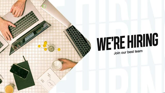 we are hiring, join our best team, with white background and image of team meeting