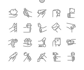 Hand gesture. Hand holding coffee, wineglass, letter, pin, watch, gift, phone, book, money, tulip, brush and other. Pixel Perfect Vector Thin Line Icons. Simple Minimal Pictogram