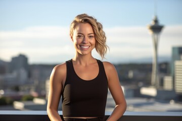Fototapeta na wymiar Environmental portrait photography of a grinning girl in her 30s wearing a cute crop top against a city skyline background. With generative AI technology