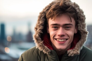 Close-up portrait photography of a grinning boy in his 30s wearing a warm parka against a city skyline background. With generative AI technology