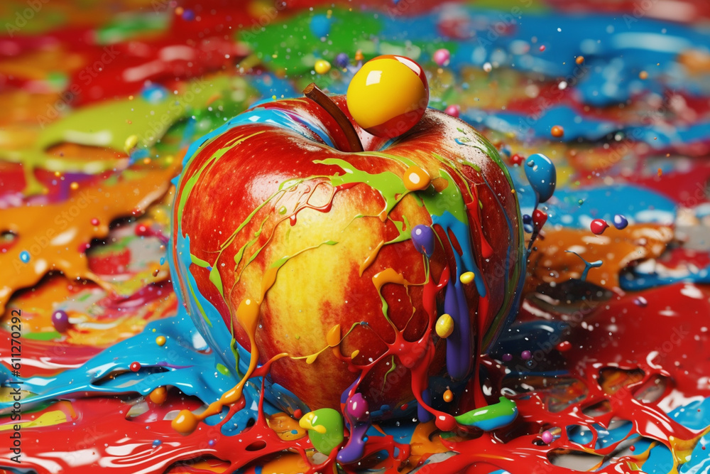 Poster An artistic image Apple splashed in bright paint, symbolizing freshness and health.  Generative AI technology.