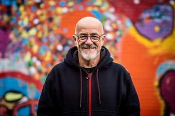 Fototapeta premium Medium shot portrait photography of a happy mature man wearing a cozy sweater against a colorful graffiti wall background. With generative AI technology