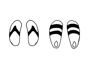 Set of slippers for men and women. Doodle art. illustration with black and white style. Outdoor. Flip flops. 