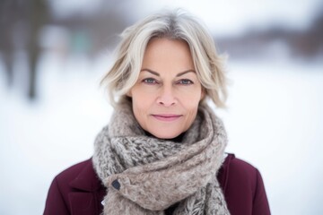 Headshot portrait photography of a grinning mature woman wearing a sophisticated blouse against a snowy landscape background. With generative AI technology