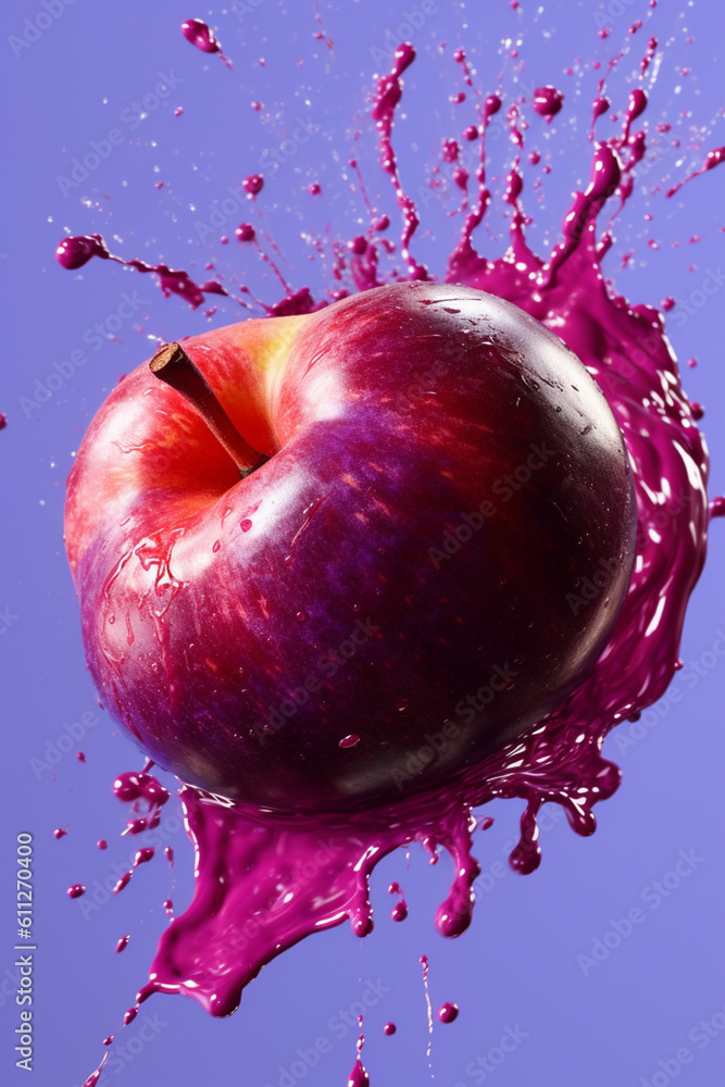 Poster an vibrant image of a plum splashed in bright paint, symbolizing freshness and health. generative ai