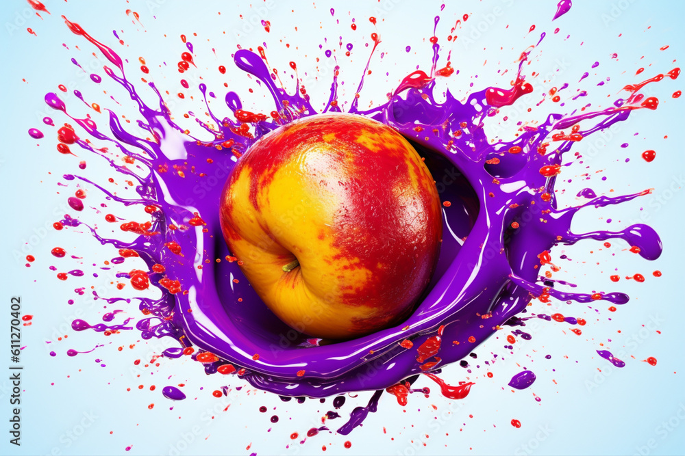 Aufkleber an abstract surreal photograph of a plum splashed in bright paint, symbolizing freshness and health.