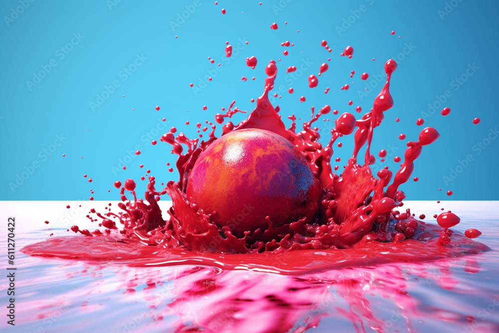 Poster An abstract surreal photograph of a Cranberry splashed in bright paint, symbolizing freshness and health.  Generative AI technology.