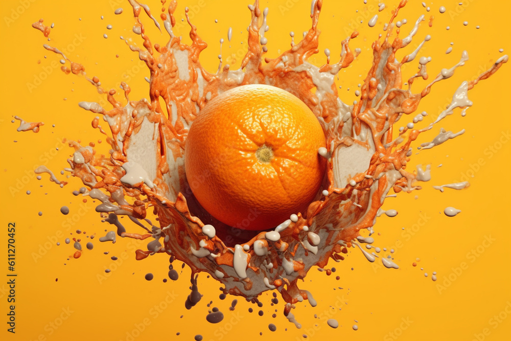Poster an abstract surreal photograph of a tangerine splashed in bright paint, symbolizing freshness and he