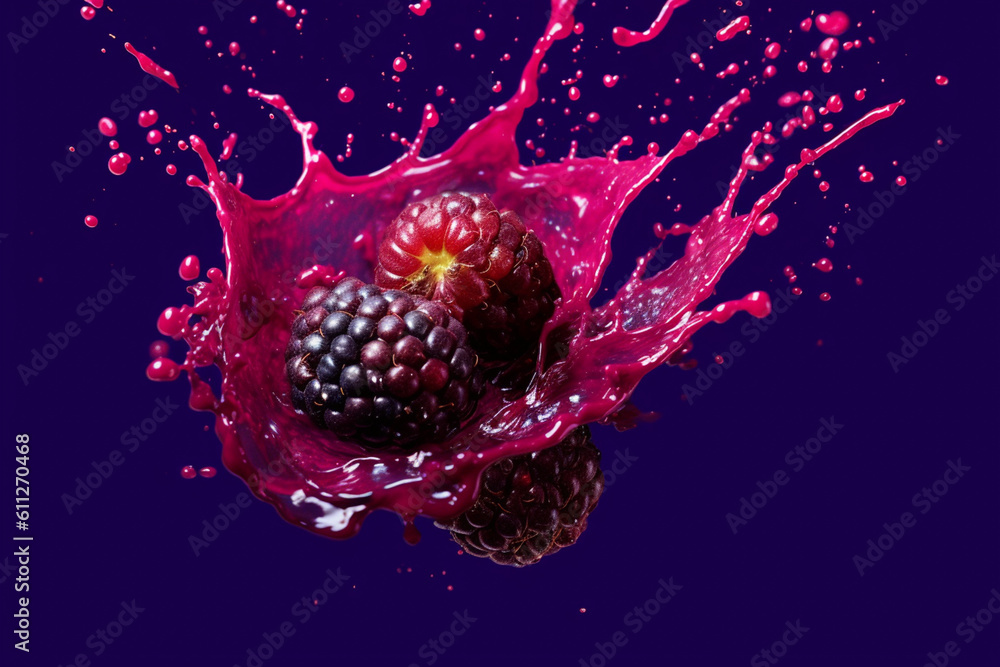 Poster an abstract surreal photograph of a boysenberry splashed in bright paint, symbolizing freshness and 