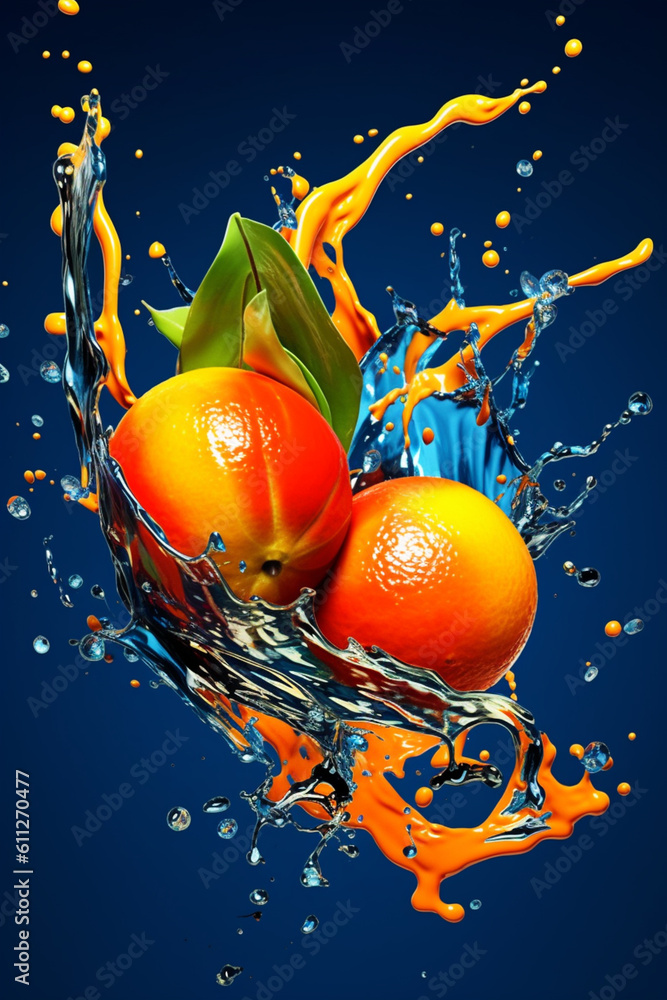 Poster an vibrant image of a kumquat splashed in bright paint, symbolizing freshness and health. generative