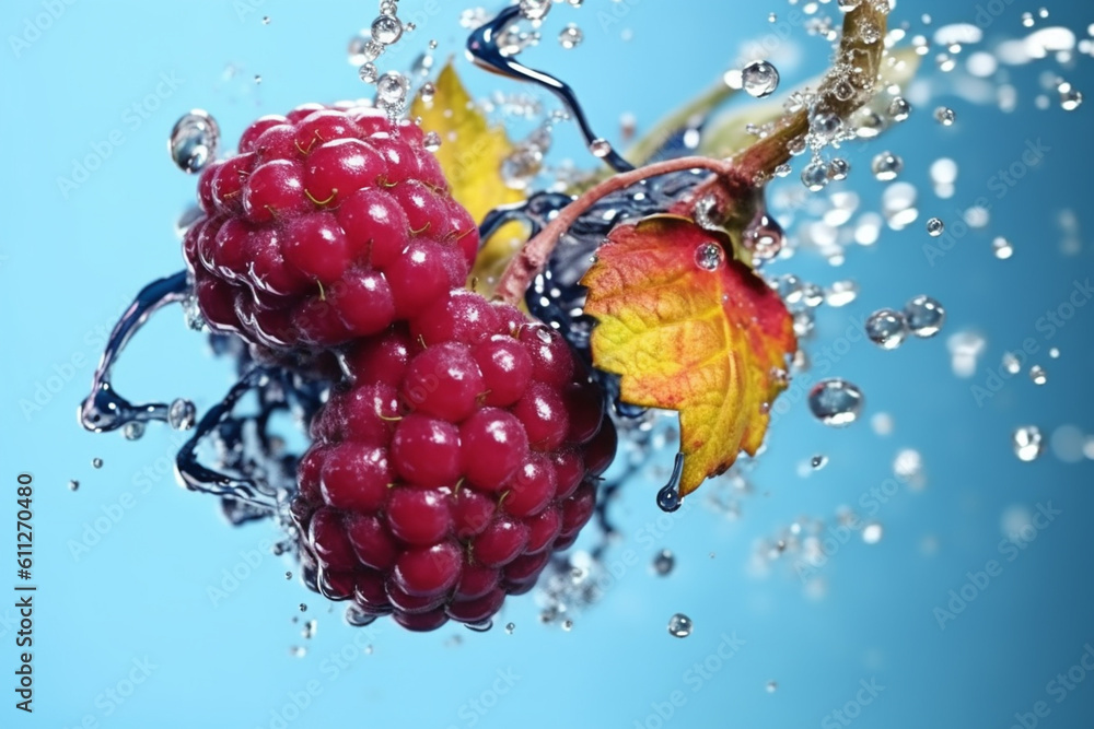 Aufkleber an abstract surreal photograph of a mulberry splashed in bright paint, symbolizing freshness and hea