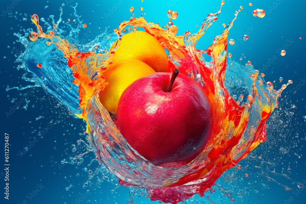 Aufkleber an abstract surreal photograph of a quince splashed in bright paint, symbolizing freshness and healt
