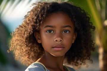 Close-up portrait photography of a tender kid female wearing a sporty polo shirt against a tropical island background. With generative AI technology