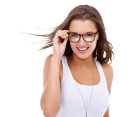 Portrait, smile and glasses with a woman isolated on a transparent background for optometry. Vision, happy and eyewear with an attractive young female customer at the optometrist or optician on PNG