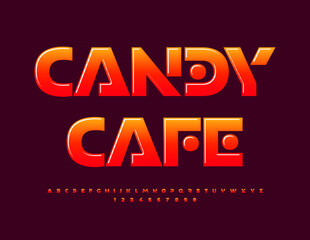 Vector glossy logo Candy Cafe. Modern Creative Font. Sweet Alphabet Letters, Numbers and Symbols set